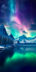 magical northern lights display over a snowy wilderness, where vibrant hues dance across the night sky