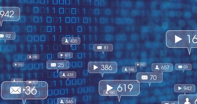 Animation of icons, changing numbers in notification bars over binary codes against blue background