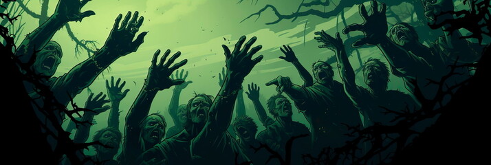 Zombie Apocalypse creepy zombies emerging from graves, hands reaching out for the living.