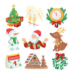 Winter holidays or New Year elements vector illustrations set. Cartoon drawings of Santa Claus, comic reindeer and snowman, clock, Christmas tree, calendar. New Year, winter, celebration concept