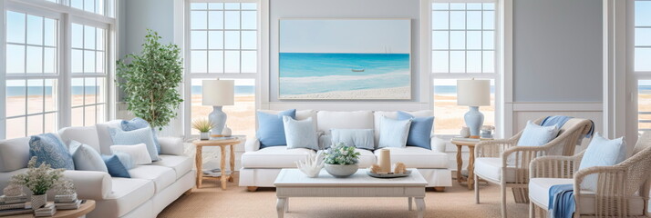 Coastal beach house living room with a breezy, nautical theme and coastal decor.