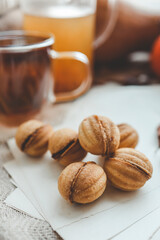 Cookies nuts with condensed milk and tea, good morning concept