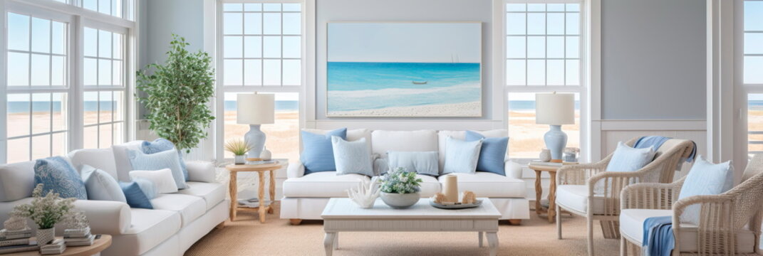 Coastal beach house living room with a breezy, nautical theme and coastal decor.