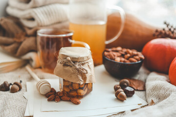 Jar with craft sweet honey and nuts in autumn interior
