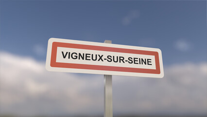 A sign at Vigneux-sur-Seine town entrance, sign of the city of Vigneux sur Seine. Entrance to the town of Essonne.