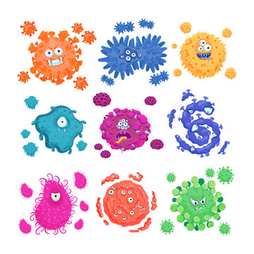Funny bacteria with different emotions vector illustrations set. Cartoon drawings of colorful viruses or germs characters with particles. Medicine, microbiology, health care concept