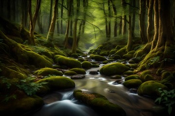 A tranquil woodland stream winding through a dense forest, reflecting the serene natural beauty. 