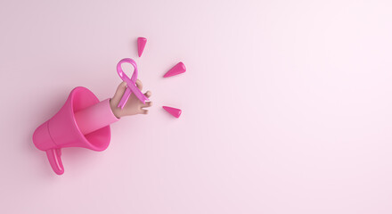 Breast cancer awareness concept with ribbon, hand, megaphone decoration background, copy space text, 3d rendering illustration