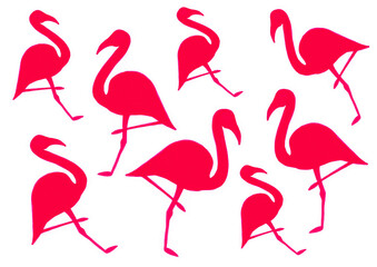 Silhouettes of flamingos of different sizes. Pink color. Randomly arranged on a white background. A flamingo stands on one leg. Pattern.