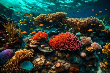 A vibrant, colorful coral reef teeming with marine life, illuminated by dappled sunlight. 