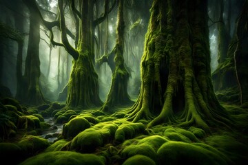 A mystical, moss-covered ancient forest with towering trees and ethereal ambiance. 