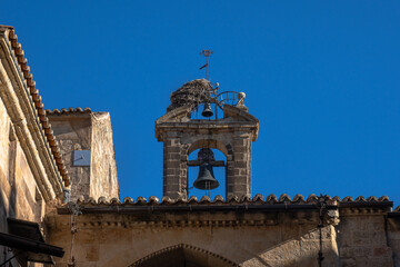 Obraz premium Stork's nest perched and built with branches above the bell tower and a small bell of the old cathedral of Salamanca with the tiled roofs outlined by the clear blue sky
