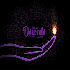 Hand silhouette, Indian festival Happy Diwali on purple background