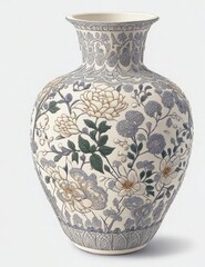 Ceramic vase with floral pattern on a white background. Generative AI.
