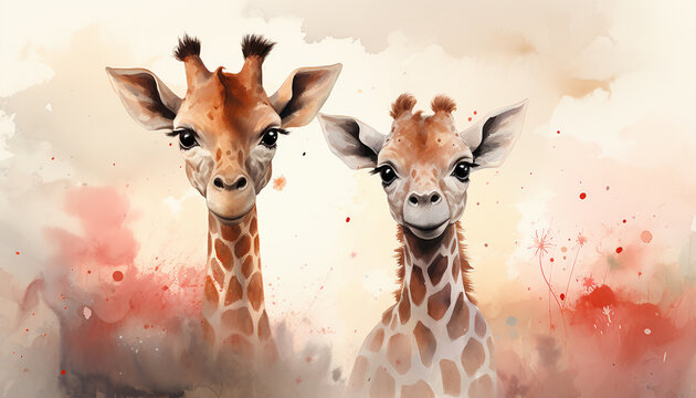 Fototapeta Illustrate a graphic with a soft watercolor background adorned with delicate pastel baby giraffes