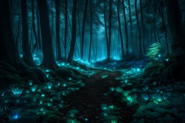 Naklejka premium A mystical, bioluminescent forest where every step illuminates the path in an otherworldly glow. 
