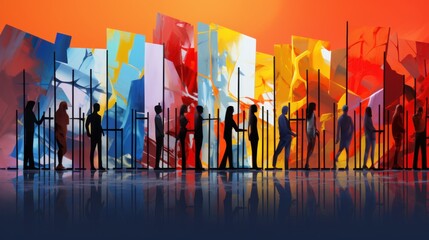 Abstract barriers separating diverse figures, illustrating the concept of societal obstacles - obrazy, fototapety, plakaty