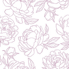 Floral seamless graphic pattern with violet peonies, leaves and branch. Perfect for wedding invitations, postcards, greeting, textile, packaging