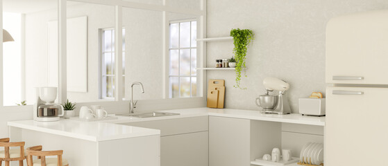 Fototapeta na wymiar Modern temporary white kitchen with white counter, decoration and fridge with window nearby.