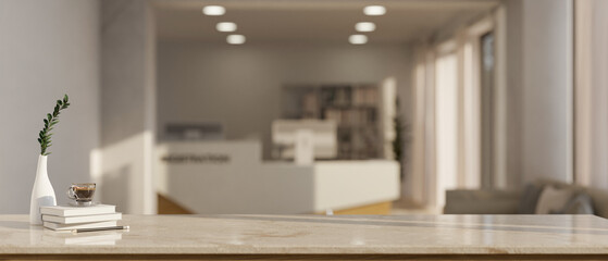 Empty mockup space on a tabletop with a blurred, modern reception room in the background.