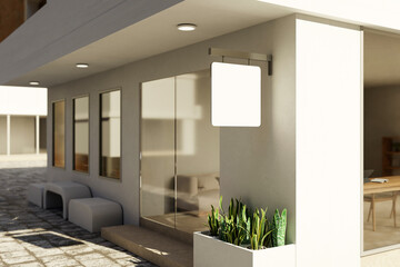 A modern minimal cafe or store exterior design with a blank minimal signage mockup.