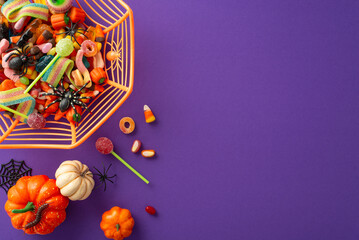 Halloween treats from top view: small pumpkins, jelly candies, lollipops, candy corn, insects, spiders, centipede, spiderweb in basket on violet background with space for greetings or adverts