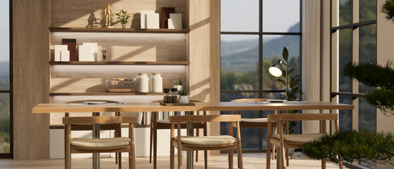 Interior design of a modern dining room with a wooden dining table and wooden armchairs.
