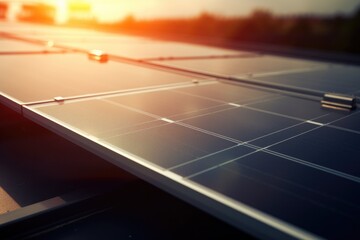 Generative ai closeup of solar panels are storing energy from the sun as renewable energy for a sustainable future.