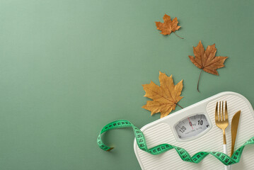 Autumnal body transformation. Top-view arrangement including scales, tape measure, cutlery, fall...