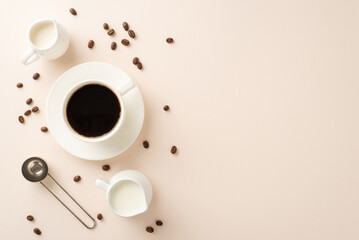Coffee Enthusiast's Delight: Overhead shot of coffee beans, espresso cup on saucer, cream jars, and barista's spoon on a pastel beige canvas, perfect for your text