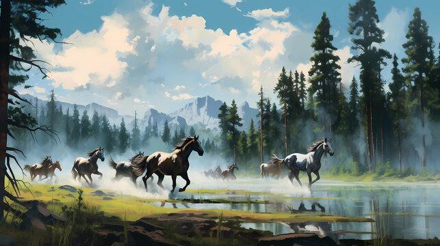 wild horses run across the river