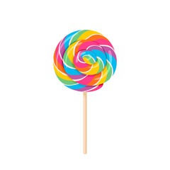 Colorful rainbow lollipop on wooden stick. Vector cartoon flat illustration of swirl round candy.