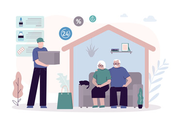 Pharmacy shipping. Home delivery of medicines. Family of old people order pills online. Male courier brought box of medicines home to elderly. Convenient purchase technology,
