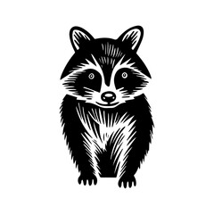 Hand carved bold block print raccoon in linocut style, textured silhouette childish vector illustration, isolated on white. © OlgaKlyushina