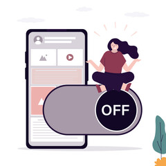 Large off button on screen of mobile phone. Digital detox, happy woman turned off smartphone and meditates in lotus position. Freedom from digital addiction. tech free.