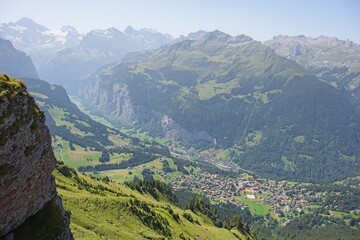 landscape in switzerland, view from the Mannlichen, a 2342 m above sea level. M. high mountain in the Lauterbrunnen valley. 
