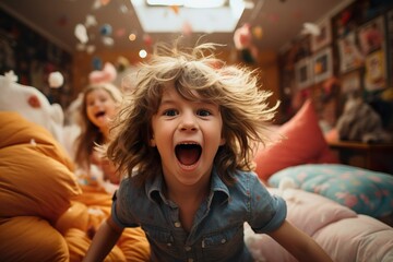 Bursts of Joy: Whimsical Pillow Fight Among Siblings