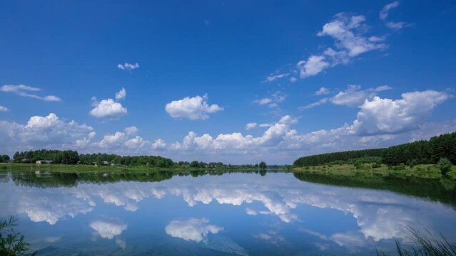 Natural Lake Landscape 4K High Definition Reflection Speeding On Water Level with Forest Background Reflection of Clouds on rippling water. Scenic Relaxing Scenery on Clear Summer Day. video loop