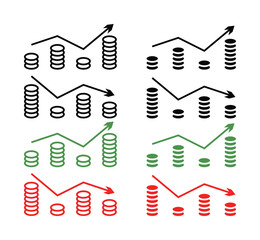 market growth analysis icon set, line design with minimalist coin and arrow symbol. business concept vector