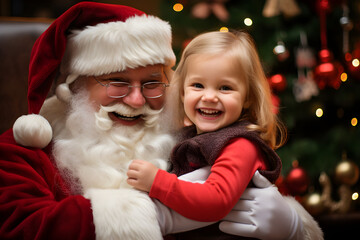 Fototapeta na wymiar Young child sitting on Santa Claus knee