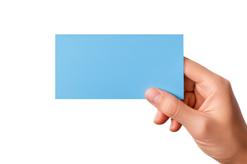 A human hand holding a blank sheet of blue paper or card isolated on white background