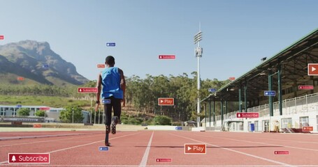 Animation of notification bars over african american athlete practicing running on race track - Powered by Adobe