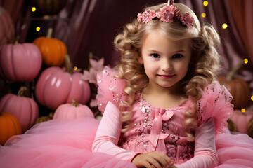 studio portrait of a little girl wearing pink halloween princess costume