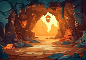 Obraz premium Mysterious cave with human skulls. Pirate grotto.