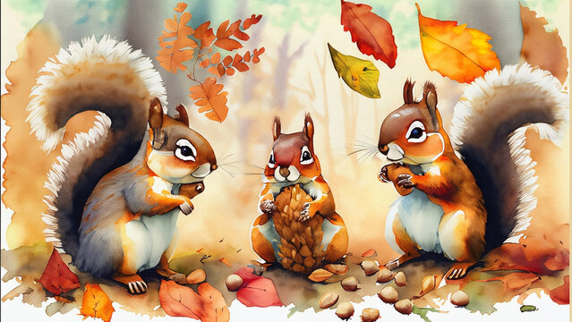 秋の森のリスたち
