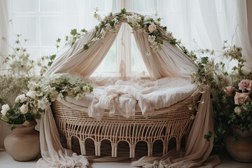 Fototapeta na wymiar Interior of a baby bedroom, baby canopy with flowers