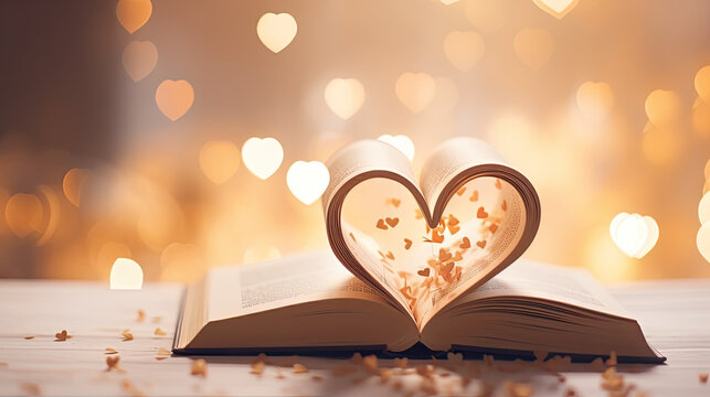 Paper heart on open book on blurred background