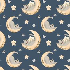 seamless pattern of cats on the moon with trailing foot, pattern designs the night sky with cats and stars, patterns for fabric, packaging, stationery, clothes with cats, stars, branches and trailing 