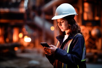 a woman using her phone to check work details in a construction site, - obrazy, fototapety, plakaty