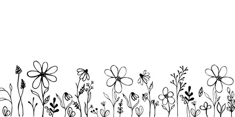 Border or frame of hand drawn flowers and herbs on a white background. Decorative frame for printing on fabric, ribbons and paper.